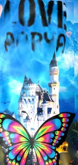 Vibrant butterfly with castle in the background, blue skies and fantasy setting.