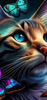 Realistic cat with vibrant butterflies in a colorful wallpaper.