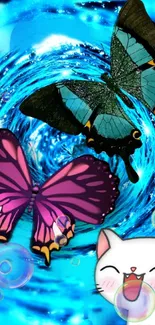 Colorful butterflies and cat on a blue swirl background.