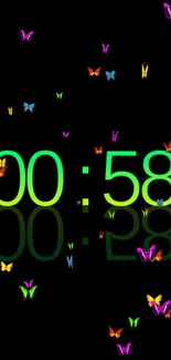 Colorful butterfly digital clock wallpaper with vibrant design.