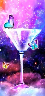 Vibrant cosmic wallpaper with colorful butterflies and a cocktail glass.