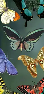 Colorful butterfly wallpaper with various species against a green background.