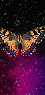 Vibrant butterfly in cosmic galaxy art wallpaper.