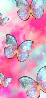 Colorful cosmic wallpaper with butterflies on a pink and blue cloudy background.