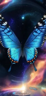 Blue butterfly in cosmic galaxy art.