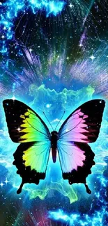 Colorful butterfly with cosmic background explosion.