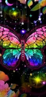 Vibrant cosmic butterfly wallpaper with neon colors and stars.