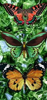 Vibrant butterflies resting on green crystal background wallpaper.