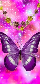 Purple butterfly on a vibrant pink background with floral accents.