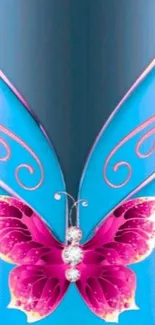 Elegant blue and pink butterfly wallpaper design.