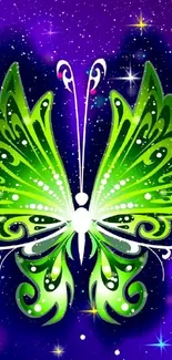 Vibrant green butterfly on a dark background with sparkles.