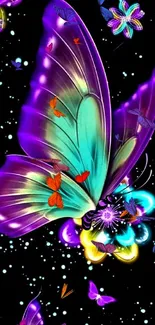 Colorful butterfly and floral design on a black background wallpaper.