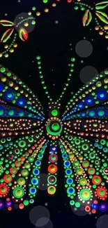 Colorful butterfly with intricate patterns on a black background.