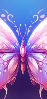 Digital art of a vibrant purple butterfly with colorful wings on a blue background.