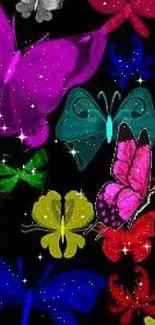 Colorful butterflies on a black background wallpaper.