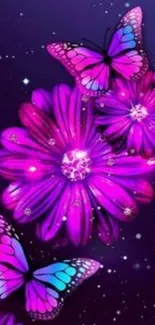 Vibrant purple butterflies and flowers on a dark background.