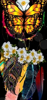 Vibrant butterfly and dreamcatcher with feathers and flowers on a black background.