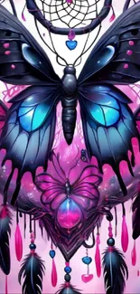 Vibrant butterfly and dreamcatcher art wallpaper with blue and pink colors.