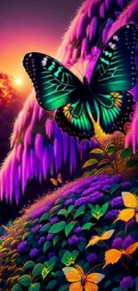 Vivid butterfly in a colorful fantasy landscape.