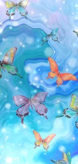 Colorful butterflies on a swirling blue background, creating a dreamlike ambiance.