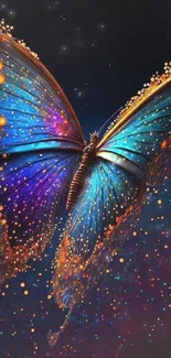 Vibrant blue and orange butterfly on a dark galaxy-inspired background.