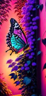 Vibrant butterfly among purple flowers with an orange gradient backdrop.