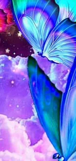 Vibrant butterflies with cosmic clouds background.