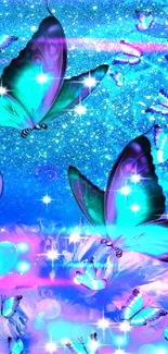 Vibrant blue and purple butterfly wallpaper with glowing stars.