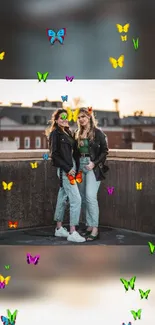 Colorful butterflies on urban backdrop with stylish duo.