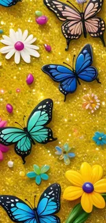 Vibrant wallpaper featuring colorful butterflies and flowers with a yellow background.