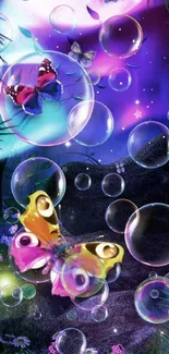 Butterfly dreamscape with bubbles and magical night colors.