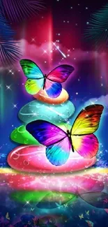 Vibrant butterfly and rainbow rocks in a dreamlike scene.