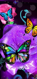 Vibrant butterflies and flowers on a purple dreamscape wallpaper.