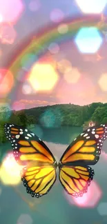 Vibrant mobile wallpaper featuring a butterfly with rainbow and bokeh effect.