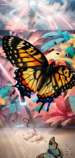 Vibrant wallpaper with butterflies and colorful flowers in a fantasy dreamscape.