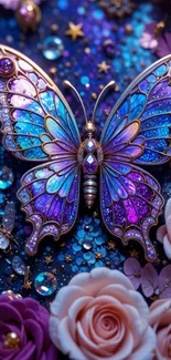 Colorful butterfly with jewels and roses on a dark background.