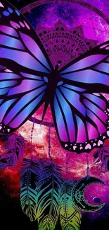 Vibrant butterfly against a cosmic dreamscape wallpaper.