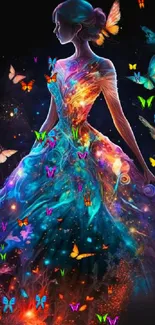 Woman in vibrant butterfly dress with colorful lights.