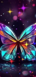 Vibrant, colorful butterfly on a glowing, purple background.