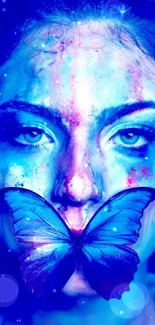 Face with a colorful butterfly overlay on a blue background.