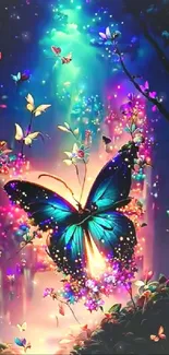 A vibrant, glowing butterfly in a colorful fantasy setting.