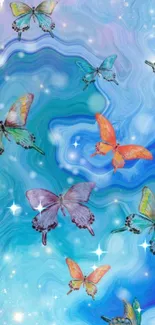 Colorful butterflies on swirling blue background.