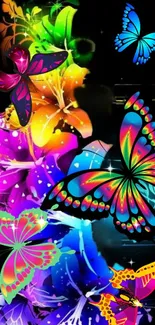 Colorful neon butterflies and flowers on a dark background.