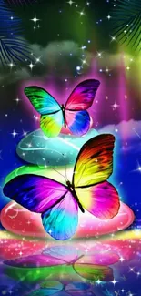 Colorful fantasy wallpaper with neon butterflies.