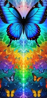 Vibrant blue butterfly in rainbow fantasy design.