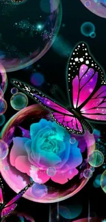 Exotic neon butterfly and flower wallpaper with bubbles.