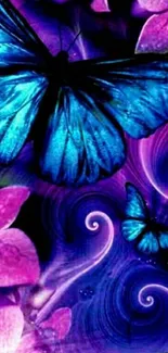 Vibrant purple and blue butterfly wallpaper with abstract design.