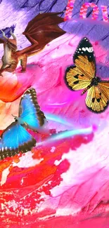 Fantasy phone wallpaper with butterflies and dragon on vibrant abstract background.