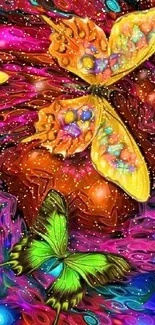 Colorful fantasy butterfly wallpaper with vibrant psychedelic patterns.