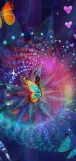 Colorful butterfly fantasy wallpaper with neon and purple hues.